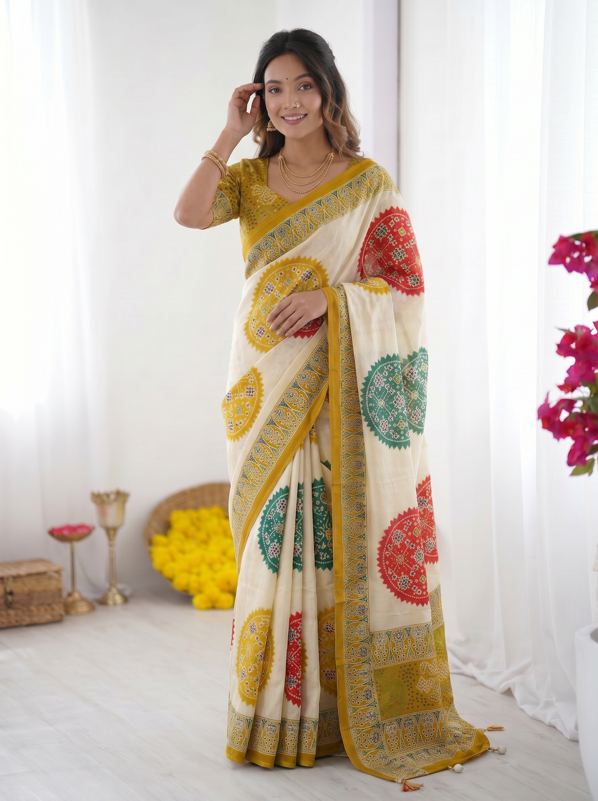 Ivory White & Mustard Yellow Pure Modal Silk Saree with Multicolor Mandala Print & Heritage Designer Pallu