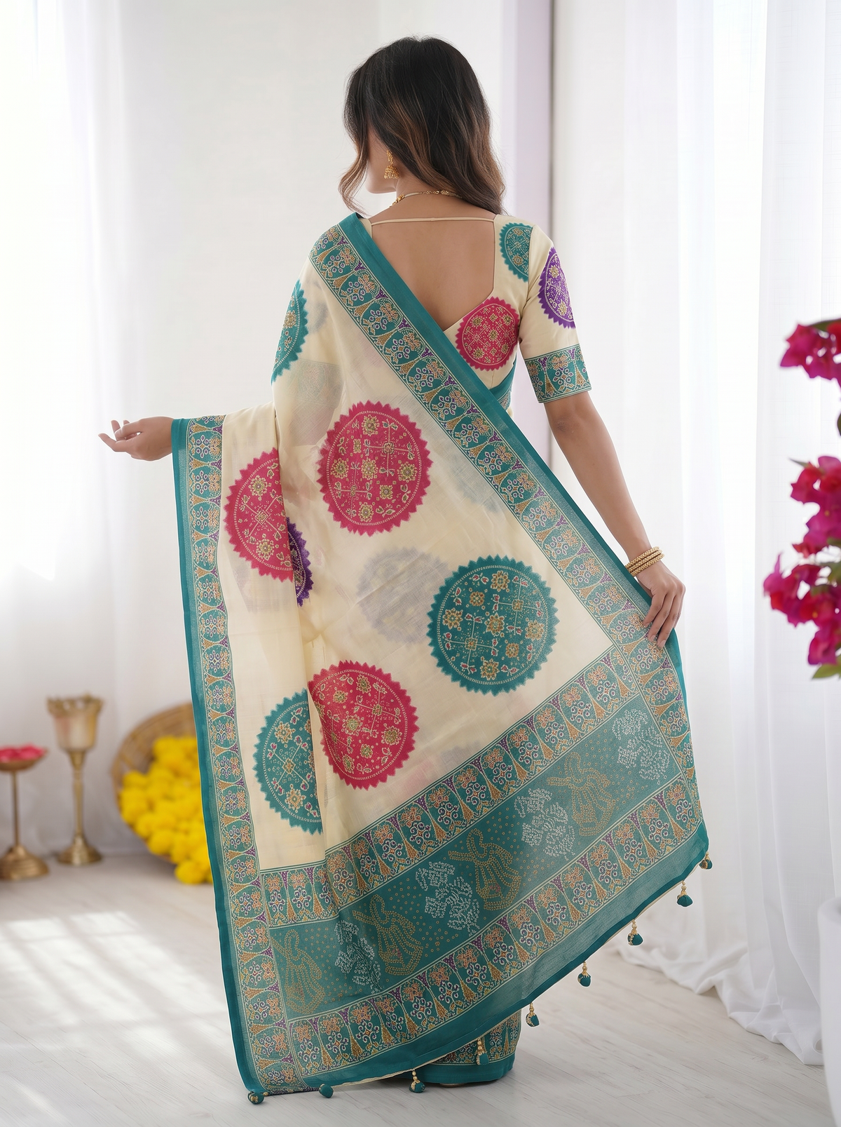 Ivory White & Turquoise Blue Pure Modal Silk Saree with Multicolor Mandala Print & Heritage Designer Pallu