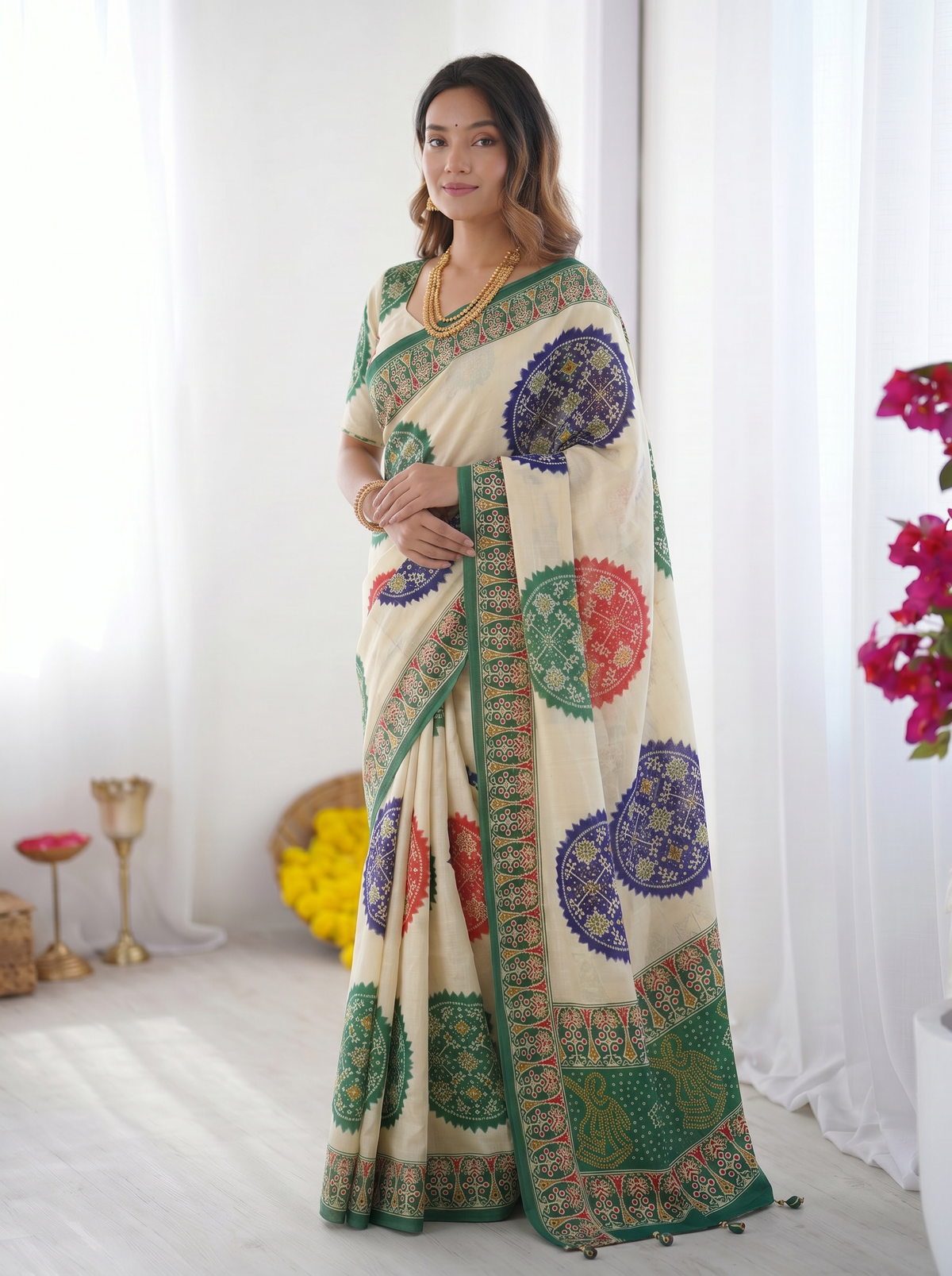 Ivory White & Emerald Green Pure Modal Silk Saree with Multicolor Mandala Print & Heritage Designer Pallu