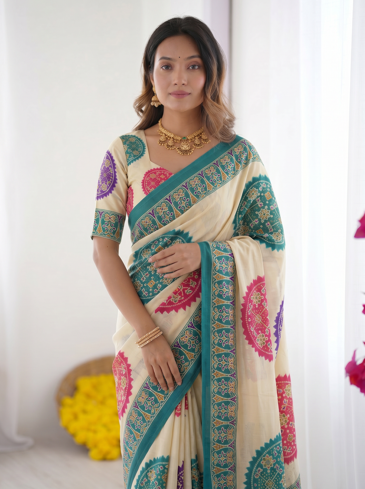 Ivory White & Turquoise Blue Pure Modal Silk Saree with Multicolor Mandala Print & Heritage Designer Pallu