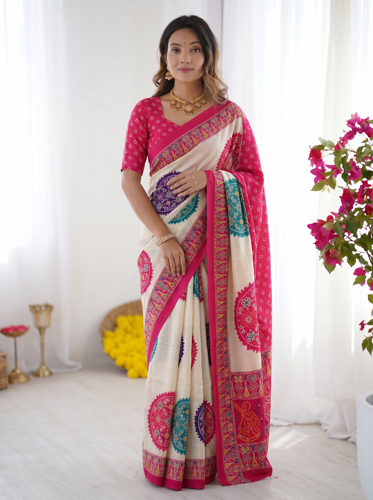 Ivory White & Rani Pink Pure Modal Silk Saree with Multicolor Mandala Print & Heritage Designer Pallu