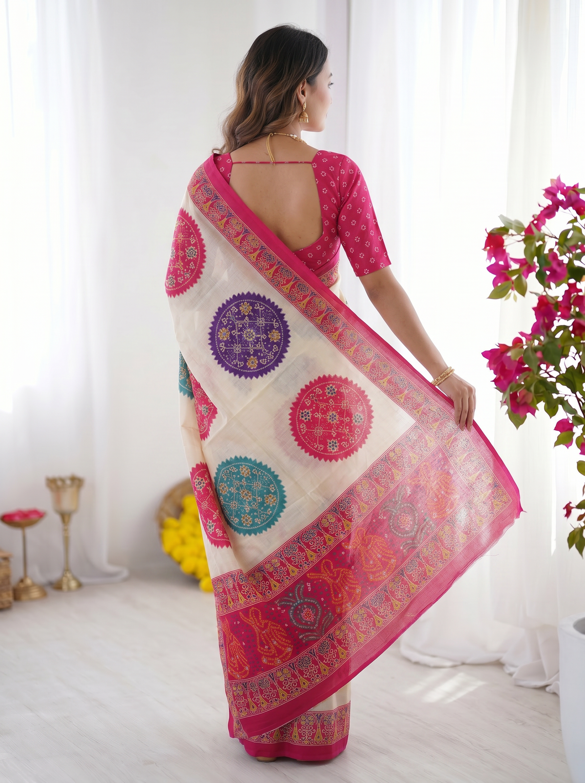 Ivory White & Rani Pink Pure Modal Silk Saree with Multicolor Mandala Print & Heritage Designer Pallu