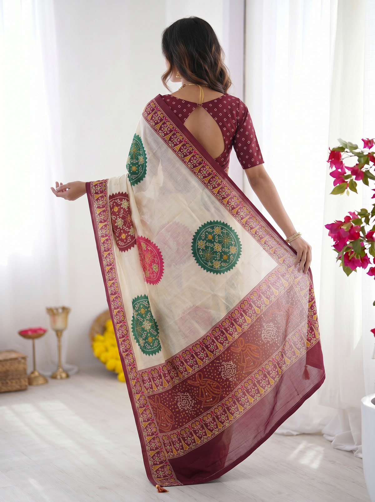 Ivory Cream & Wine Purple Pure Modal Silk Saree with Multicolor Mandala Print and Heritage Border