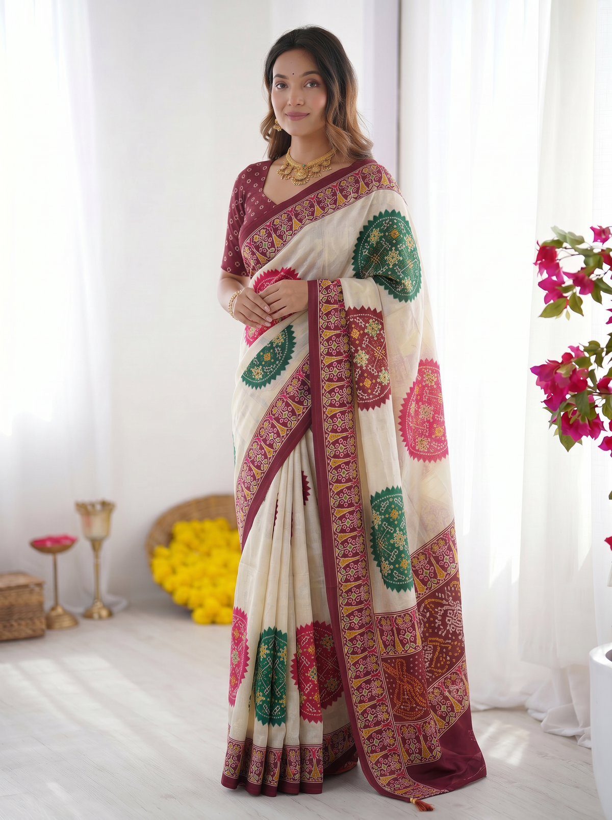 Ivory Cream & Wine Purple Pure Modal Silk Saree with Multicolor Mandala Print and Heritage Border