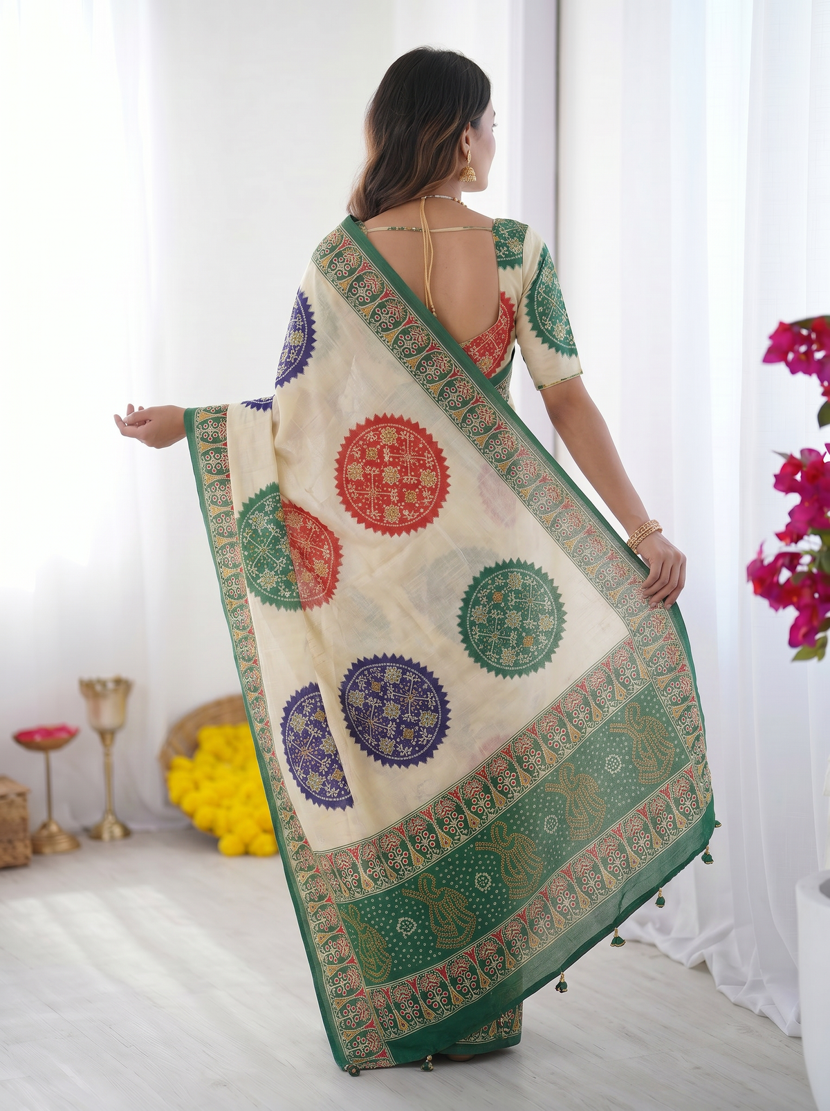 Ivory White & Emerald Green Pure Modal Silk Saree with Multicolor Mandala Print & Heritage Designer Pallu