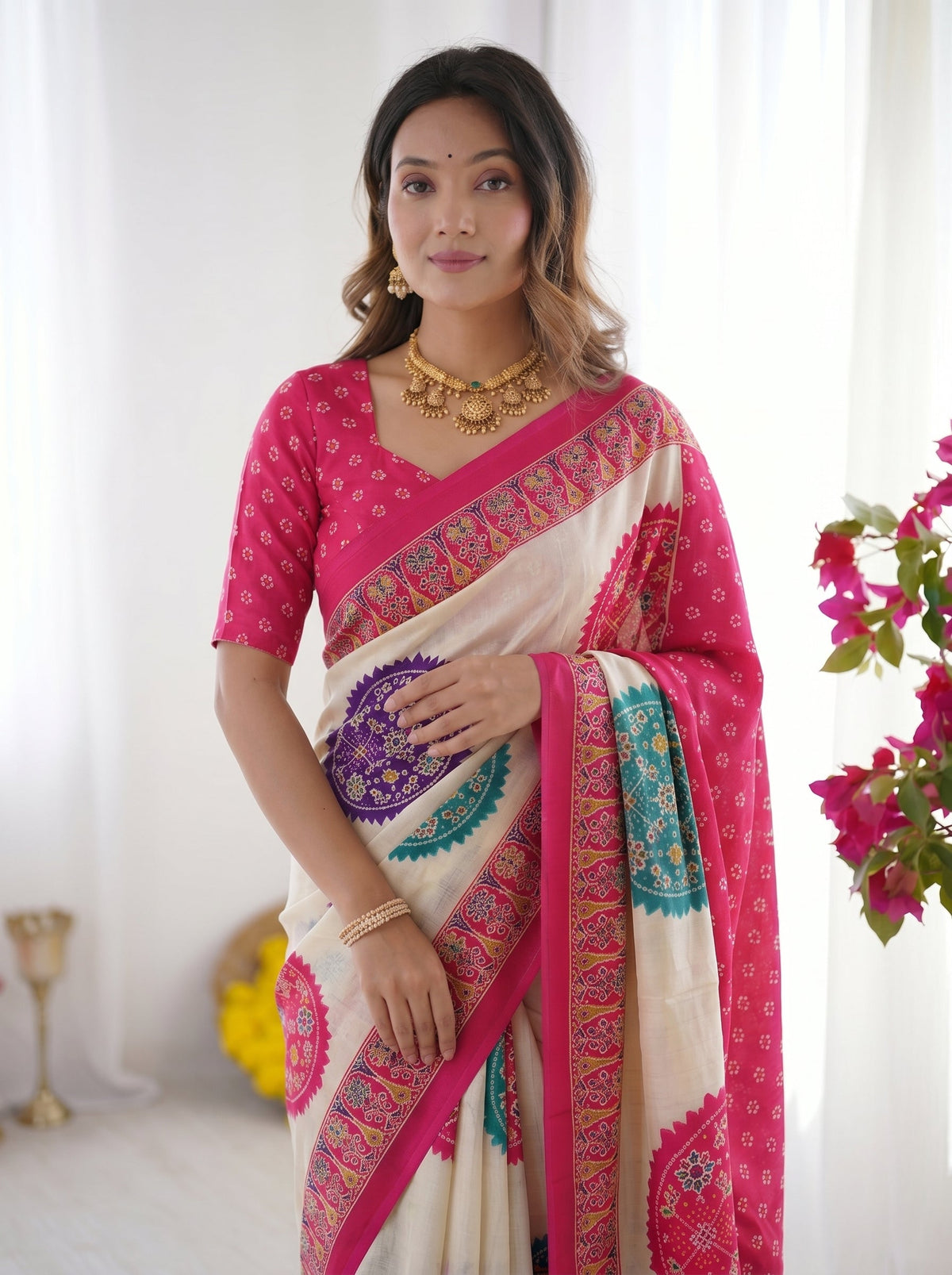 Ivory White & Rani Pink Pure Modal Silk Saree with Multicolor Mandala Print & Heritage Designer Pallu