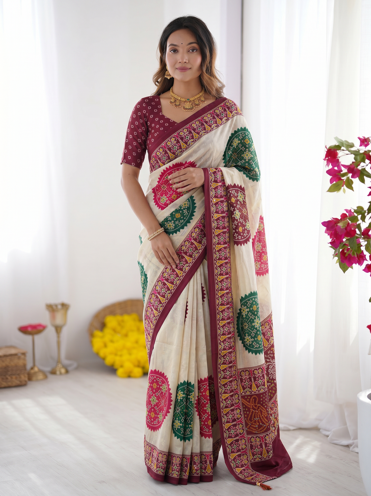 Ivory Cream & Wine Purple Pure Modal Silk Saree with Multicolor Mandala Print and Heritage Border