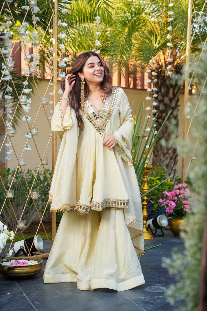 Cream Palazzo Pair With Real Mirror And Embroidery Work For Women