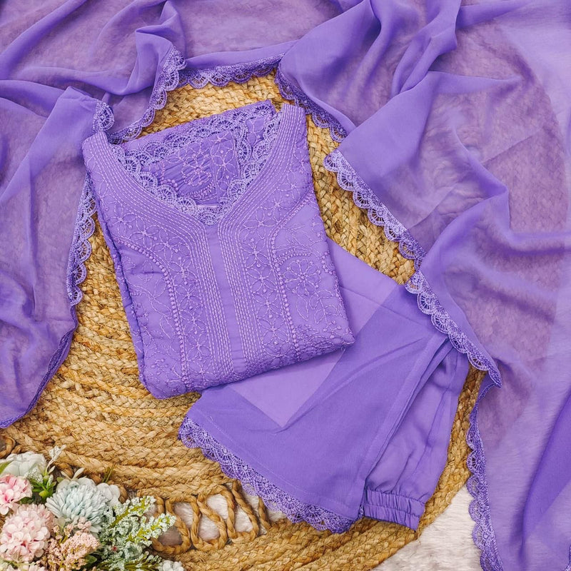 Lavender Georgette Chikankari Embroidery Kurta With Pant And Dupatta For Women