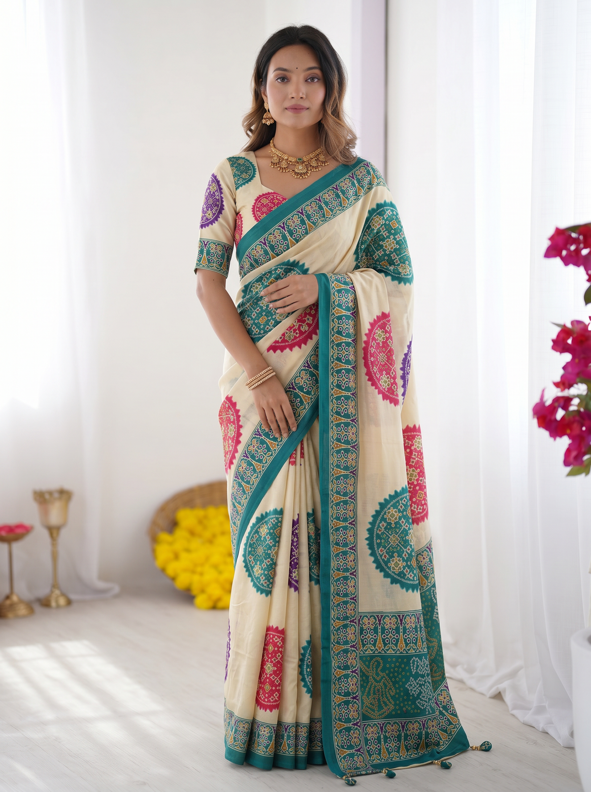 Ivory White & Turquoise Blue Pure Modal Silk Saree with Multicolor Mandala Print & Heritage Designer Pallu