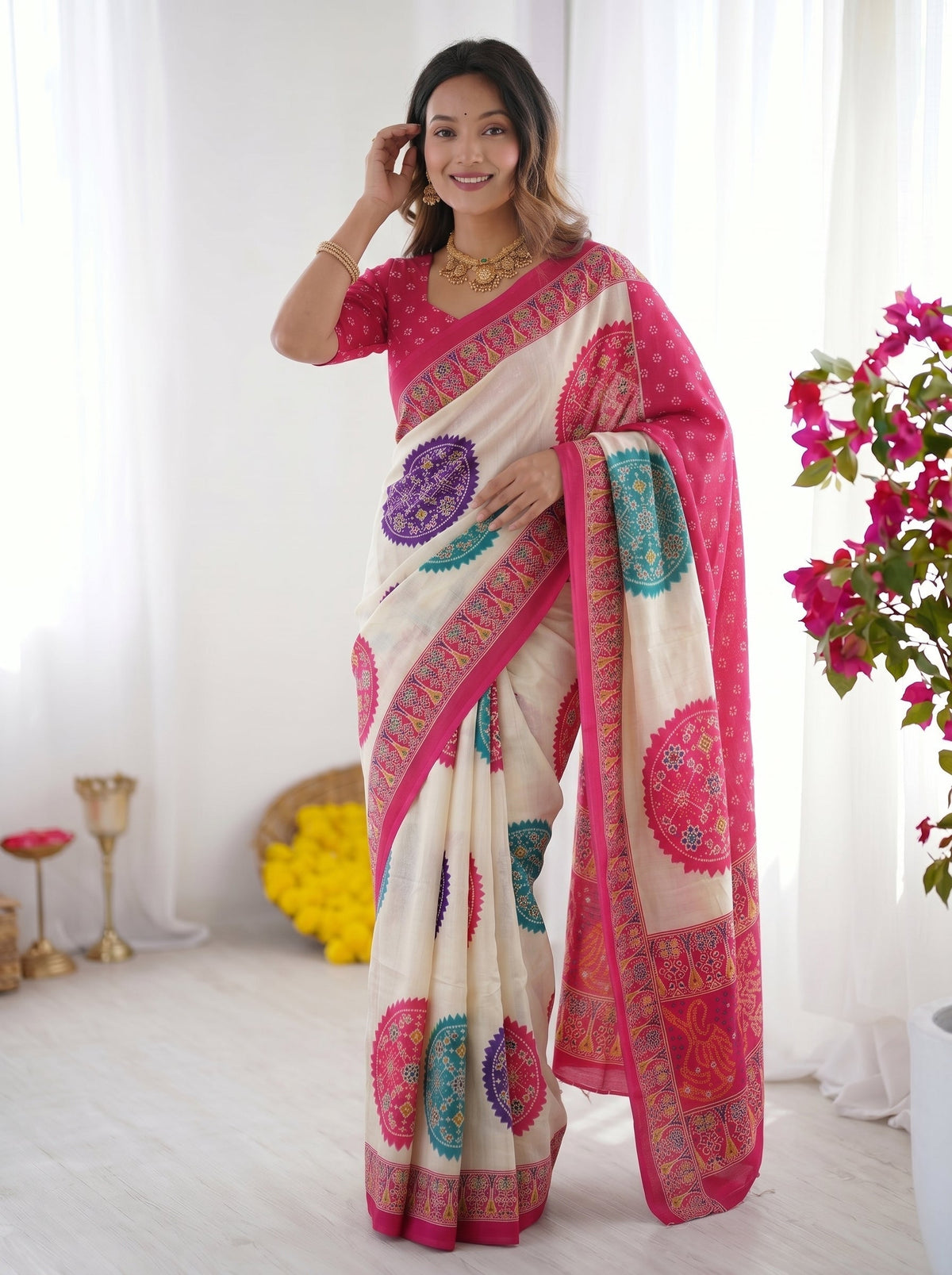 Ivory White & Rani Pink Pure Modal Silk Saree with Multicolor Mandala Print & Heritage Designer Pallu