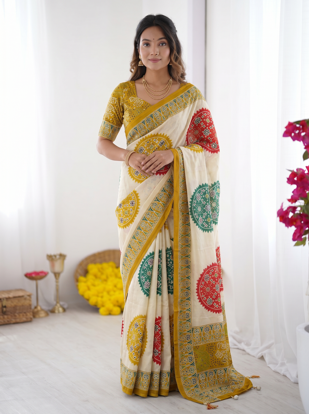 Ivory White & Mustard Yellow Pure Modal Silk Saree with Multicolor Mandala Print & Heritage Designer Pallu