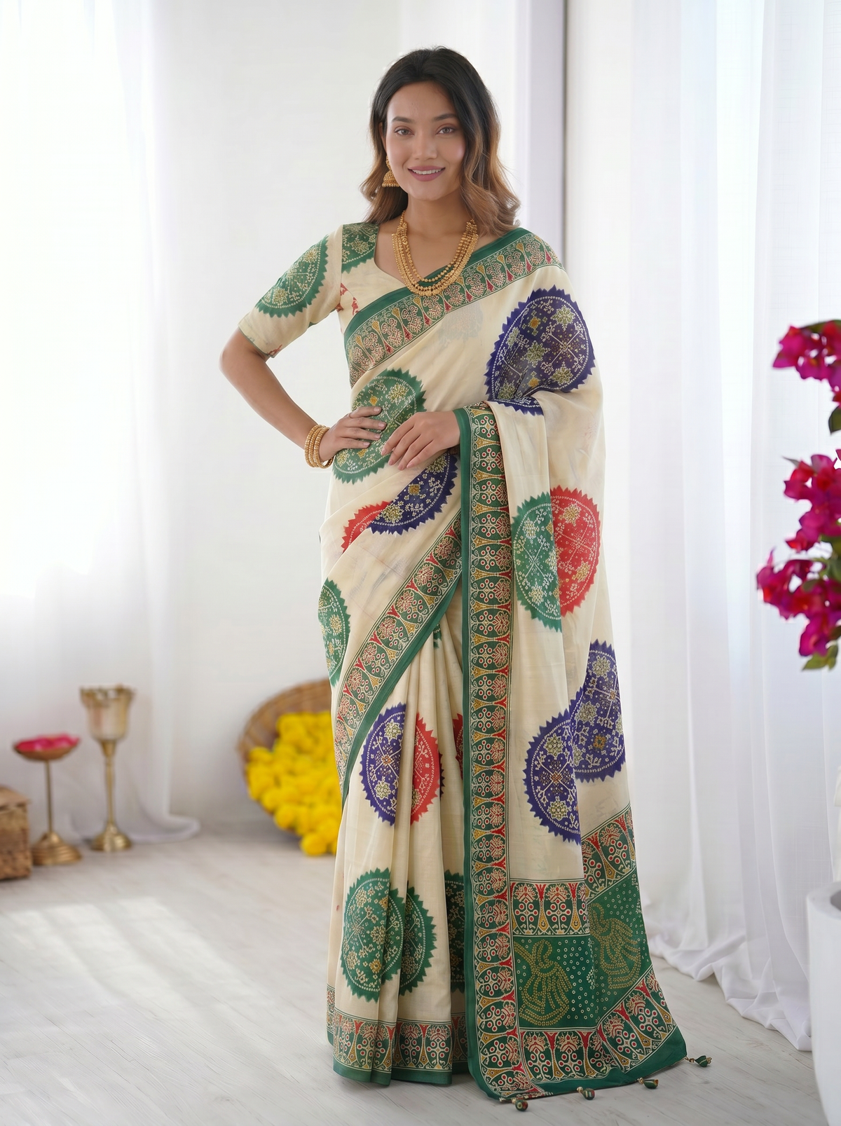 Ivory White & Emerald Green Pure Modal Silk Saree with Multicolor Mandala Print & Heritage Designer Pallu