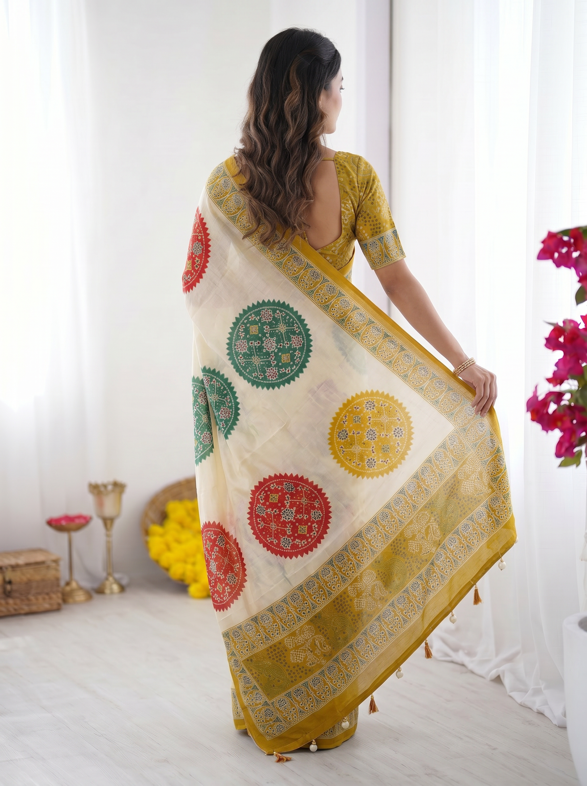 Ivory White & Mustard Yellow Pure Modal Silk Saree with Multicolor Mandala Print & Heritage Designer Pallu