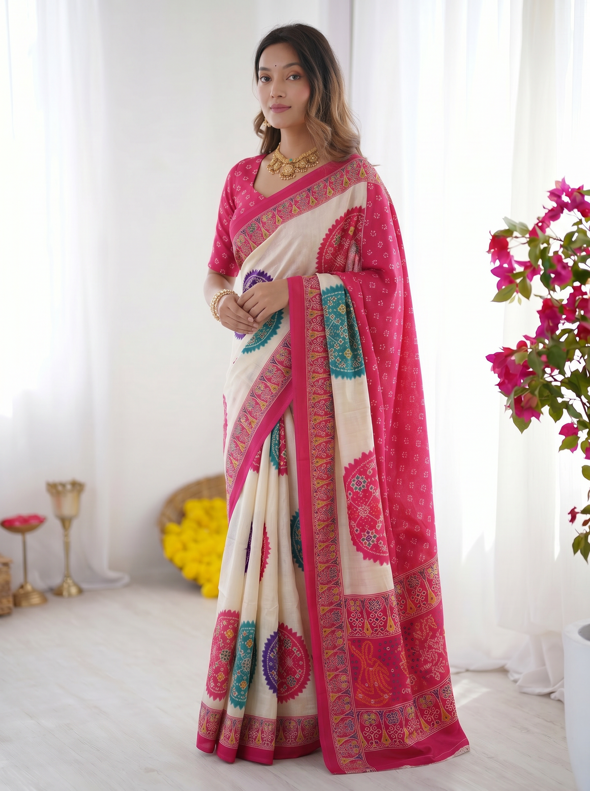 Ivory White & Rani Pink Pure Modal Silk Saree with Multicolor Mandala Print & Heritage Designer Pallu