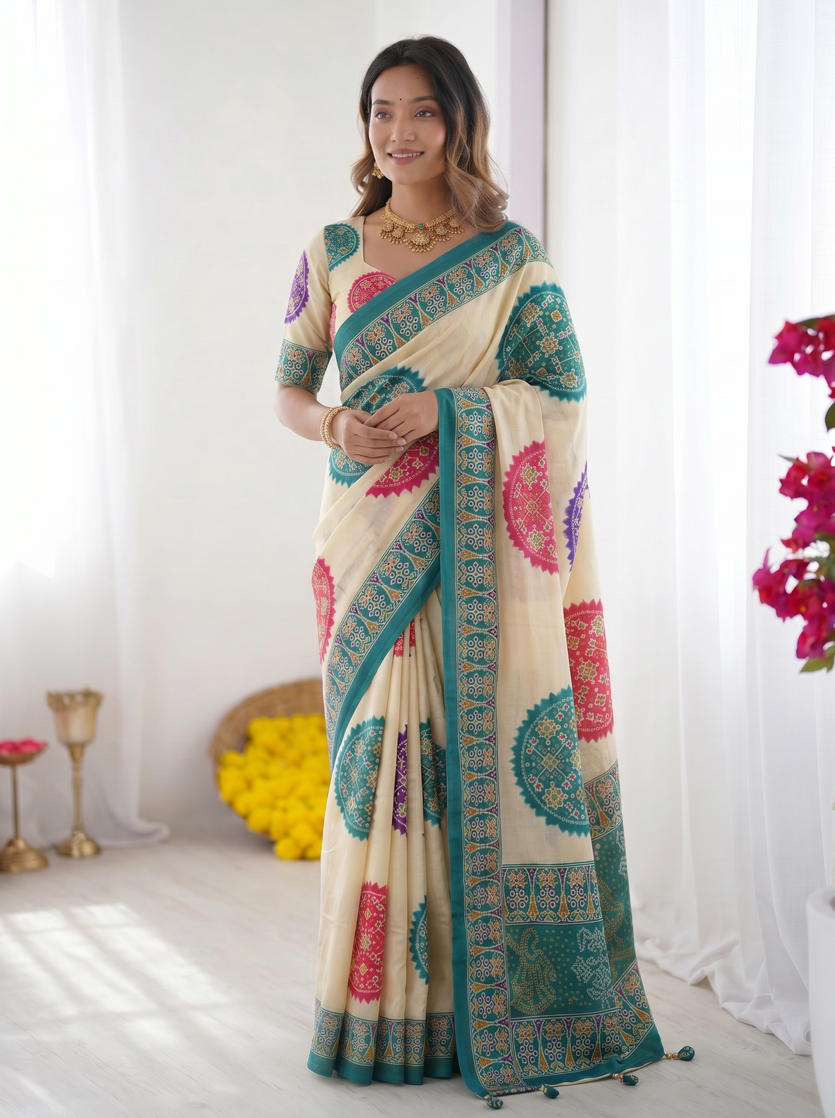 Ivory White & Turquoise Blue Pure Modal Silk Saree with Multicolor Mandala Print & Heritage Designer Pallu
