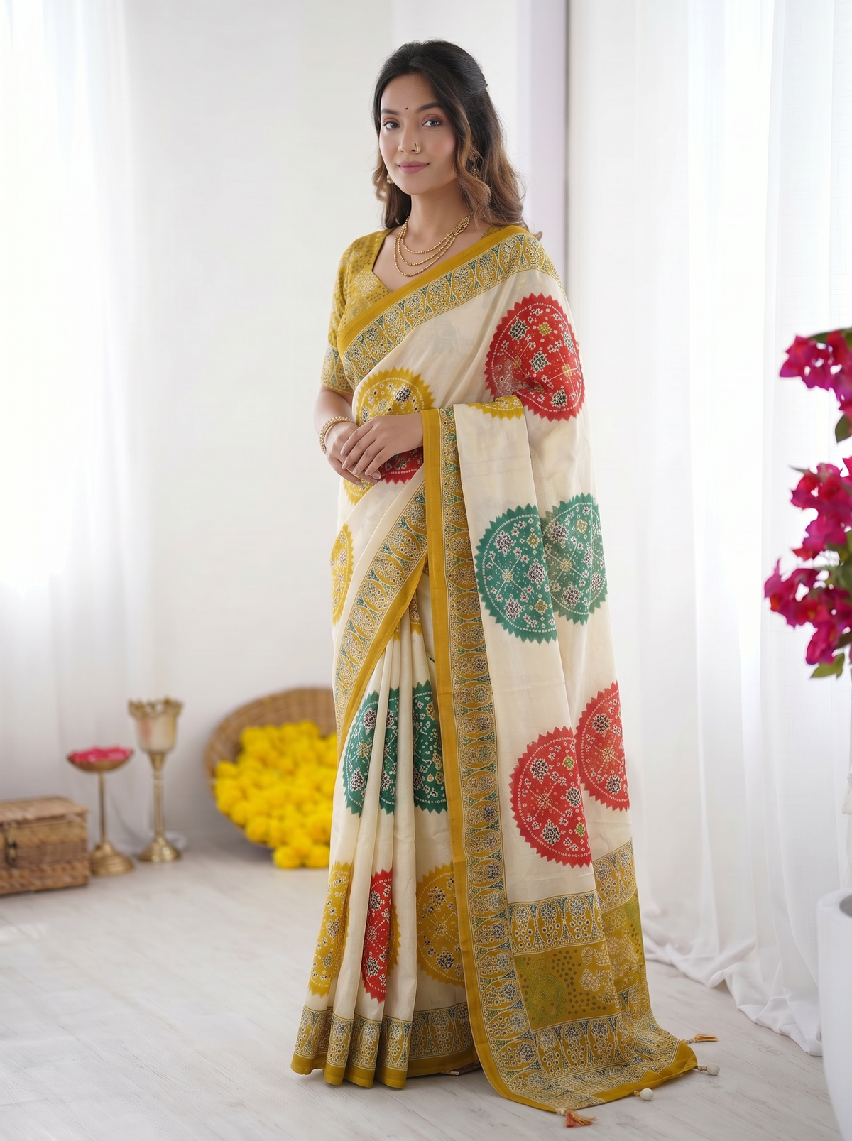 Ivory White & Mustard Yellow Pure Modal Silk Saree with Multicolor Mandala Print & Heritage Designer Pallu