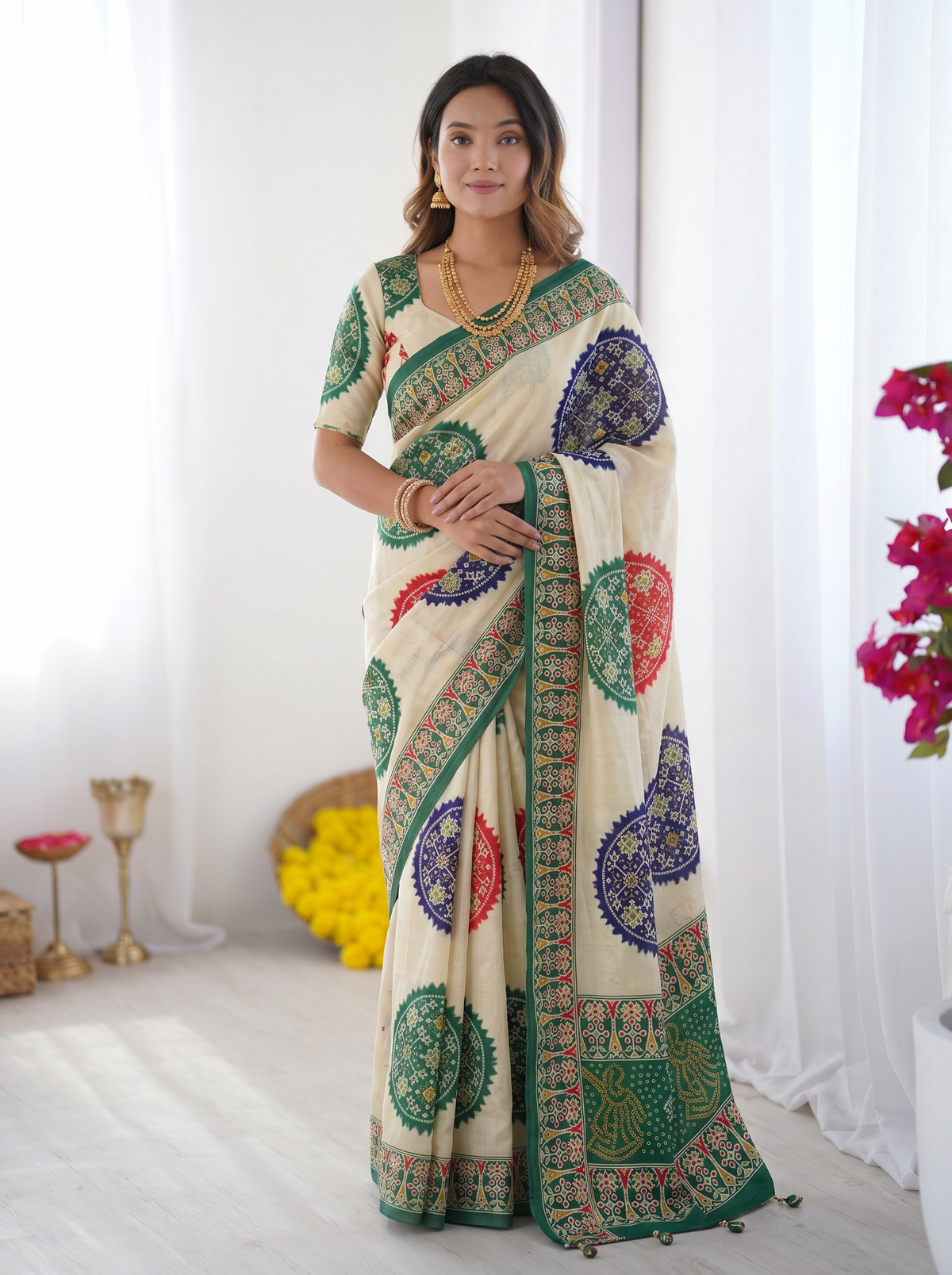 Ivory White & Emerald Green Pure Modal Silk Saree with Multicolor Mandala Print & Heritage Designer Pallu
