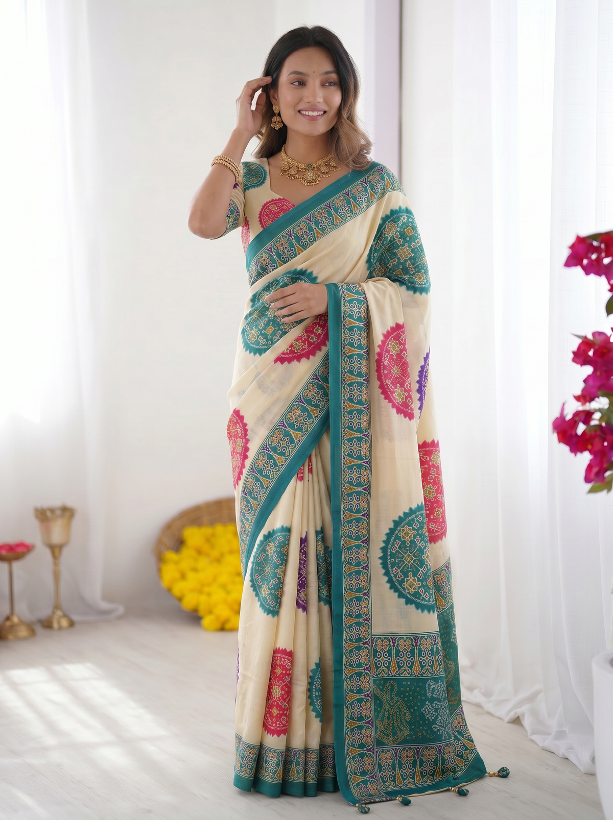 Ivory White & Turquoise Blue Pure Modal Silk Saree with Multicolor Mandala Print & Heritage Designer Pallu
