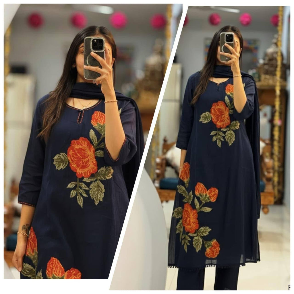 Summer Premium Cotton Rose Embroidery Kurta Pant Dupatta Set