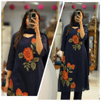 Summer Premium Cotton Rose Embroidery Kurta Pant Dupatta Set