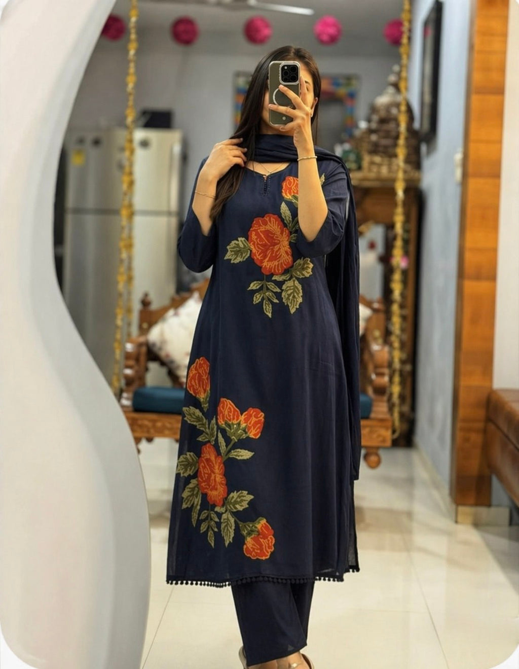 Summer Premium Cotton Rose Embroidery Kurta Pant Dupatta Set