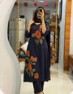 Summer Premium Cotton Rose Embroidery Kurta Pant Dupatta Set